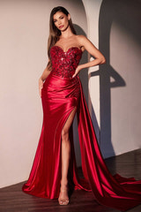 Emerald Strapless Beaded Floral Applique Ruched Satin Mermaid Gown with High Slit & Sweep Train – Perfect for Prom, Wedding Bridesmaid, and Formal Evening Events