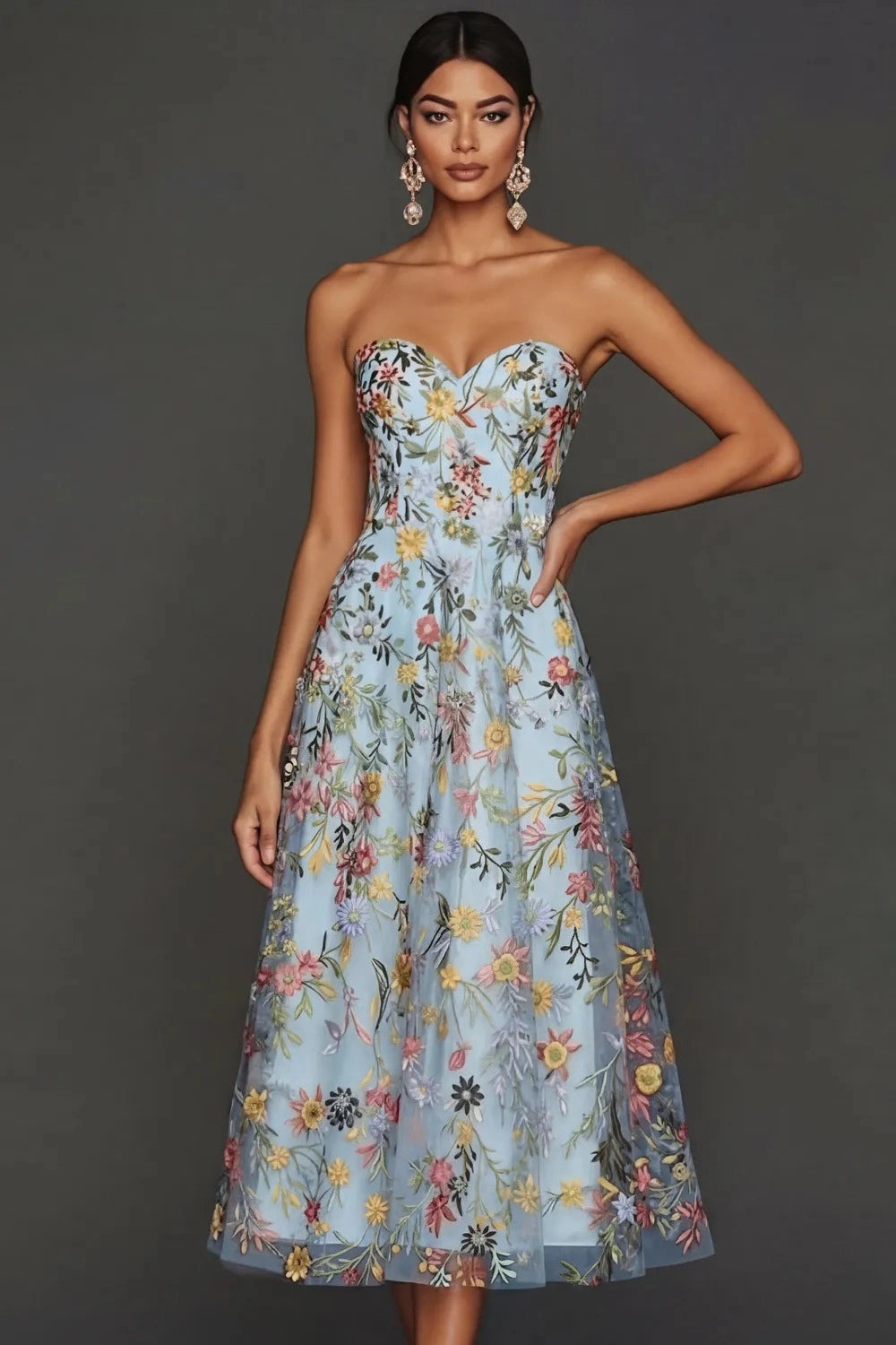 Romantic Floral Embroidered A-Line Sweetheart Strapless Backless Midi Wedding Guest Dress