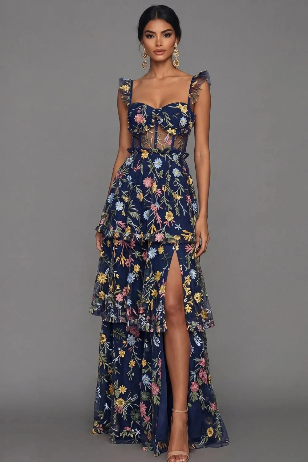 Romantic A Line Sweetheart Ruffle Strap Floral Embroidered Tiered Wedding Guest Dress
