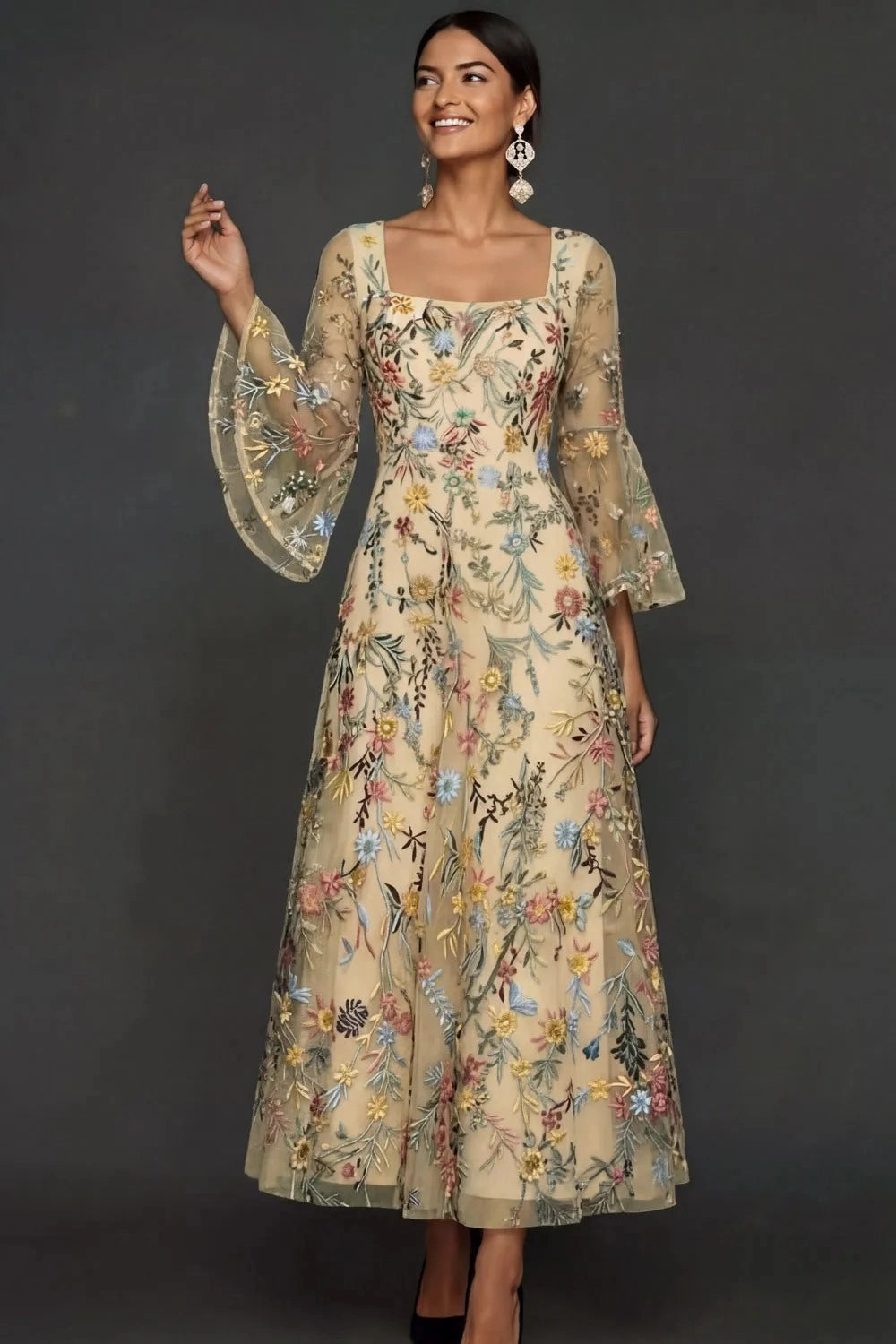 Elegant Floral Embroidered A-Line Square Neck Flutter Sleeve Ankle Length Wedding Guest Dress