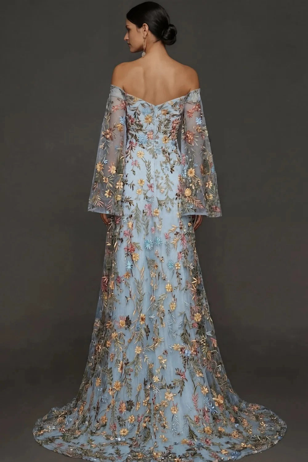 Romantic A Line Sweetheart Off Shoulder Floral Embroidered Bell Sleeve Wedding Guest Dress
