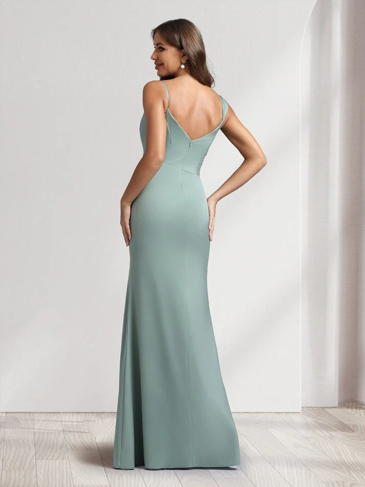 Sheath/Column Mermaid Cowl Neck Stretch Satin Floor-Length Gown Bridesmaid Dresses with Beadings