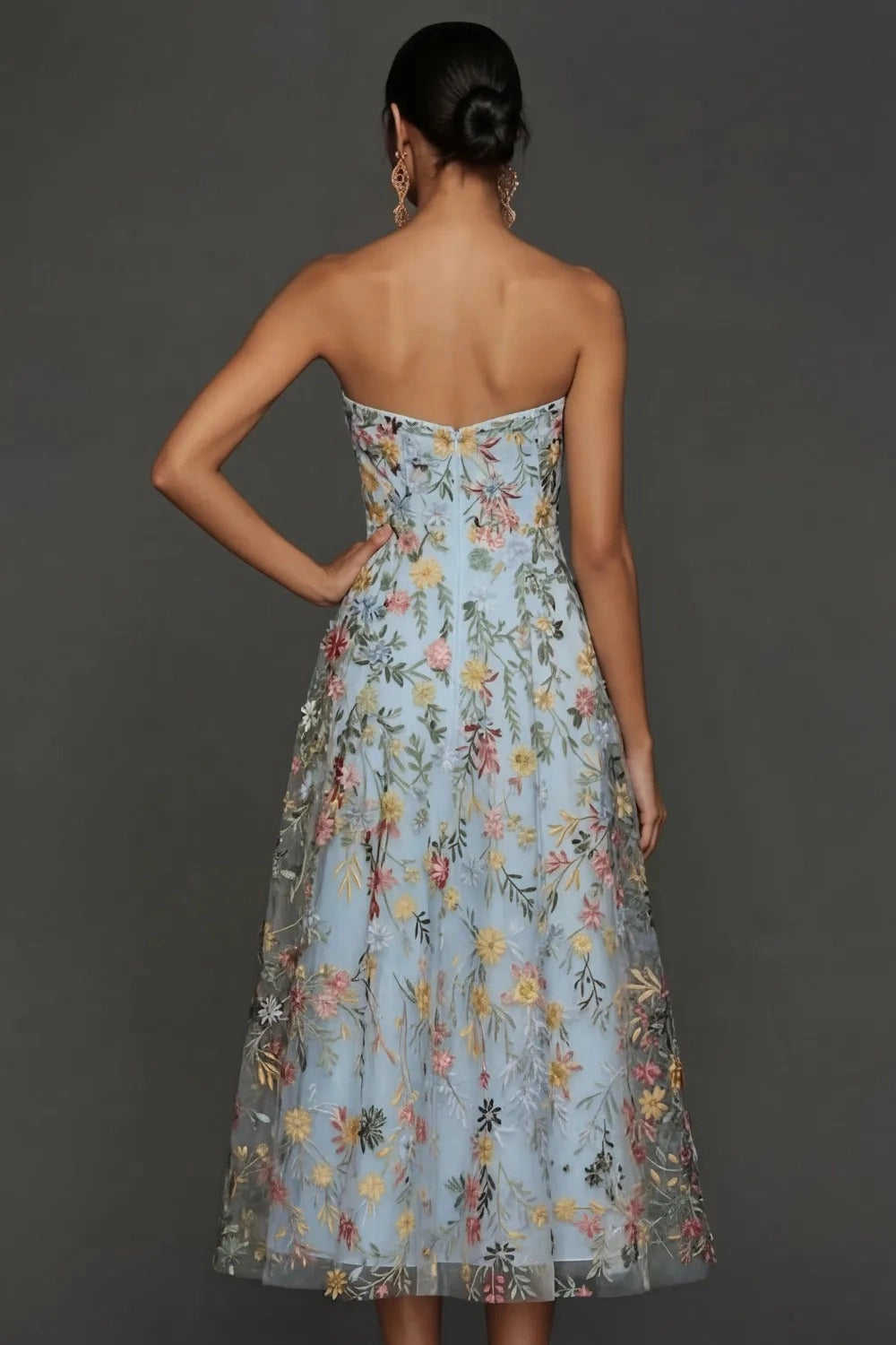 Romantic Floral Embroidered A-Line Sweetheart Strapless Backless Midi Wedding Guest Dress