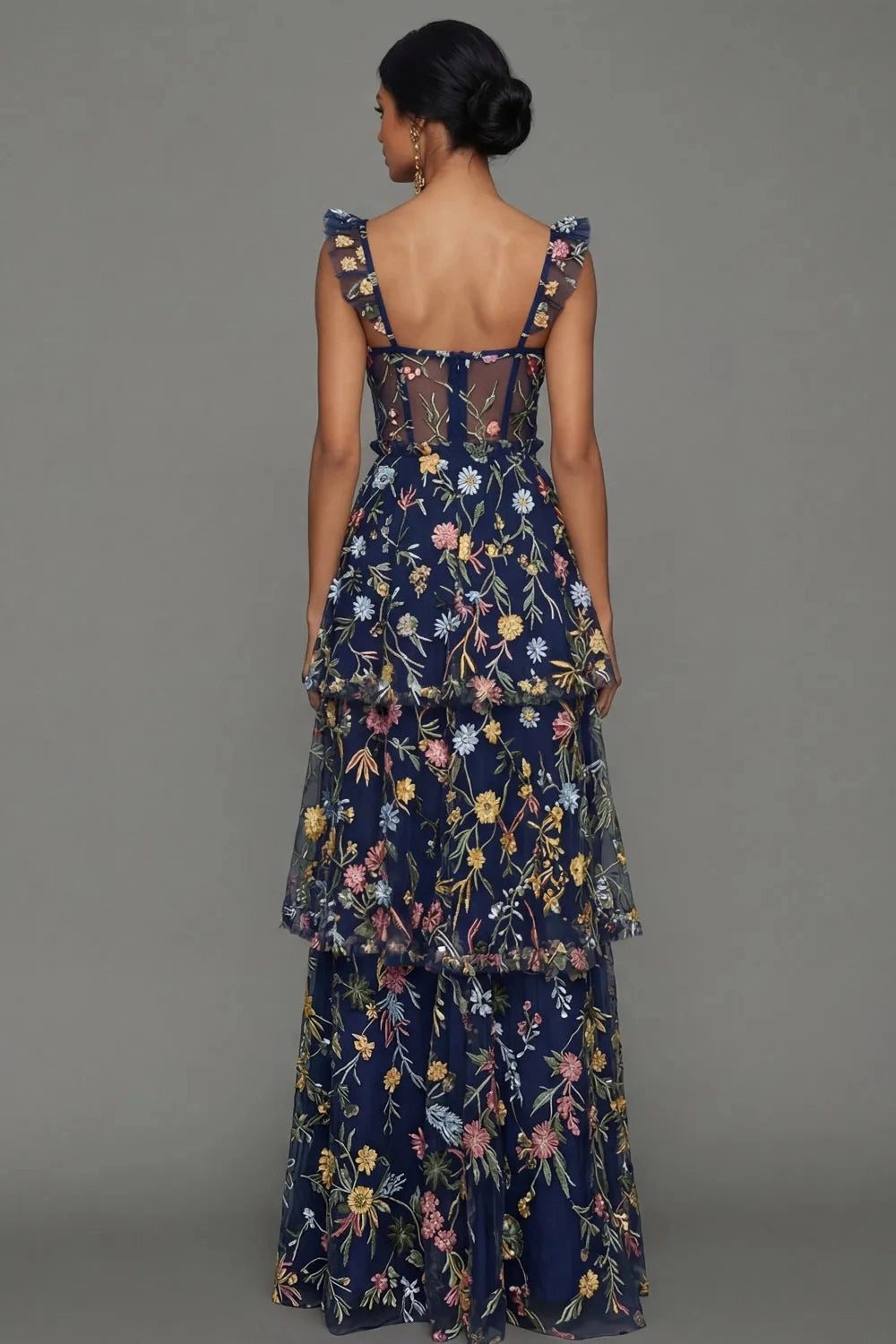Romantic A Line Sweetheart Ruffle Strap Floral Embroidered Tiered Wedding Guest Dress