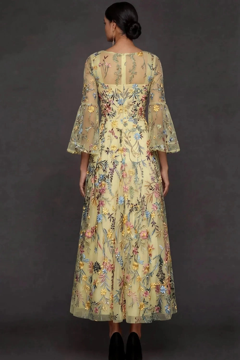 Elegant Floral Embroidered A-Line Square Neck Flutter Sleeve Ankle Length Wedding Guest Dress