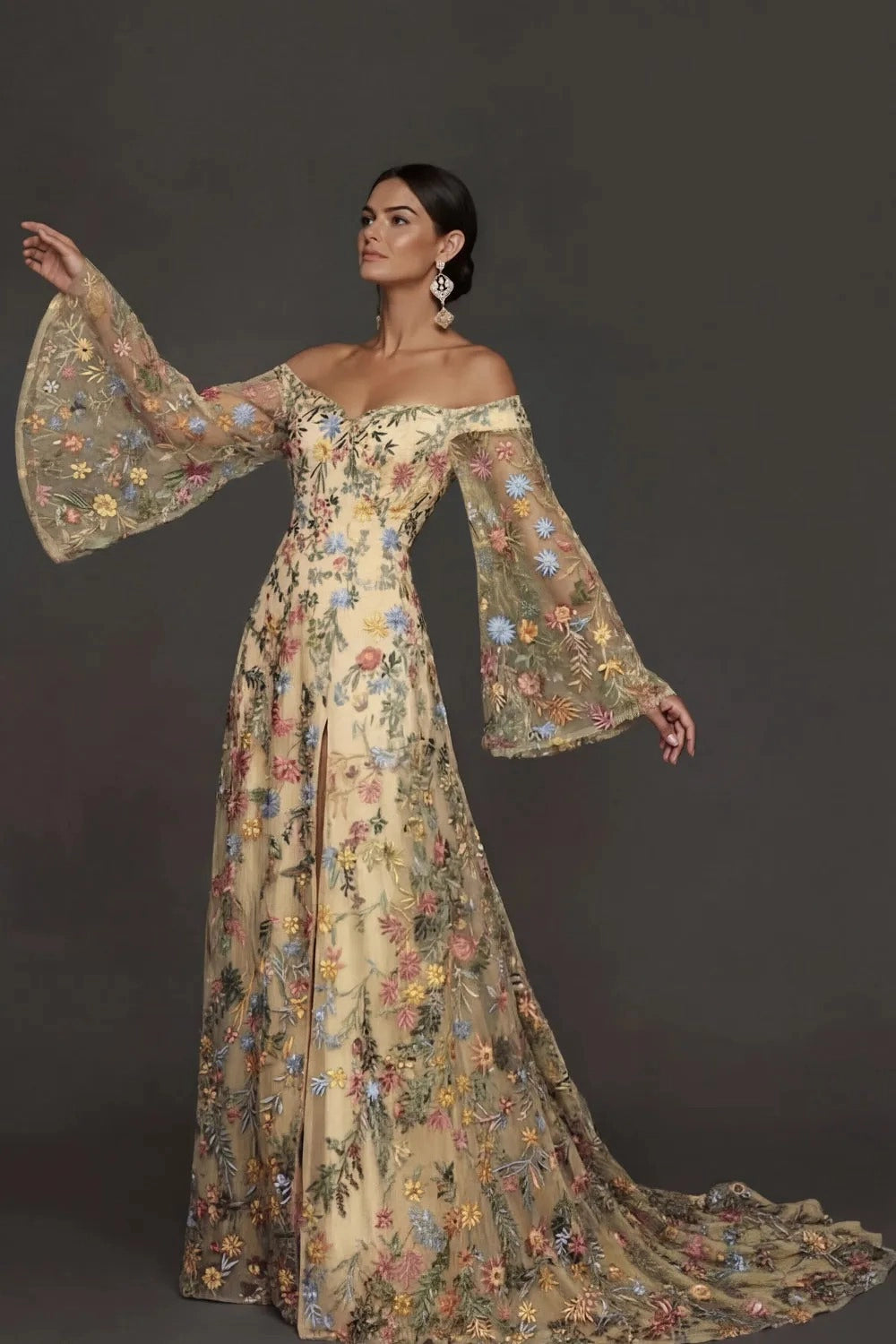 Romantic A Line Sweetheart Off Shoulder Floral Embroidered Bell Sleeve Wedding Guest Dress