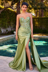 Emerald Strapless Beaded Floral Applique Ruched Satin Mermaid Gown with High Slit & Sweep Train – Perfect for Prom, Wedding Bridesmaid, and Formal Evening Events