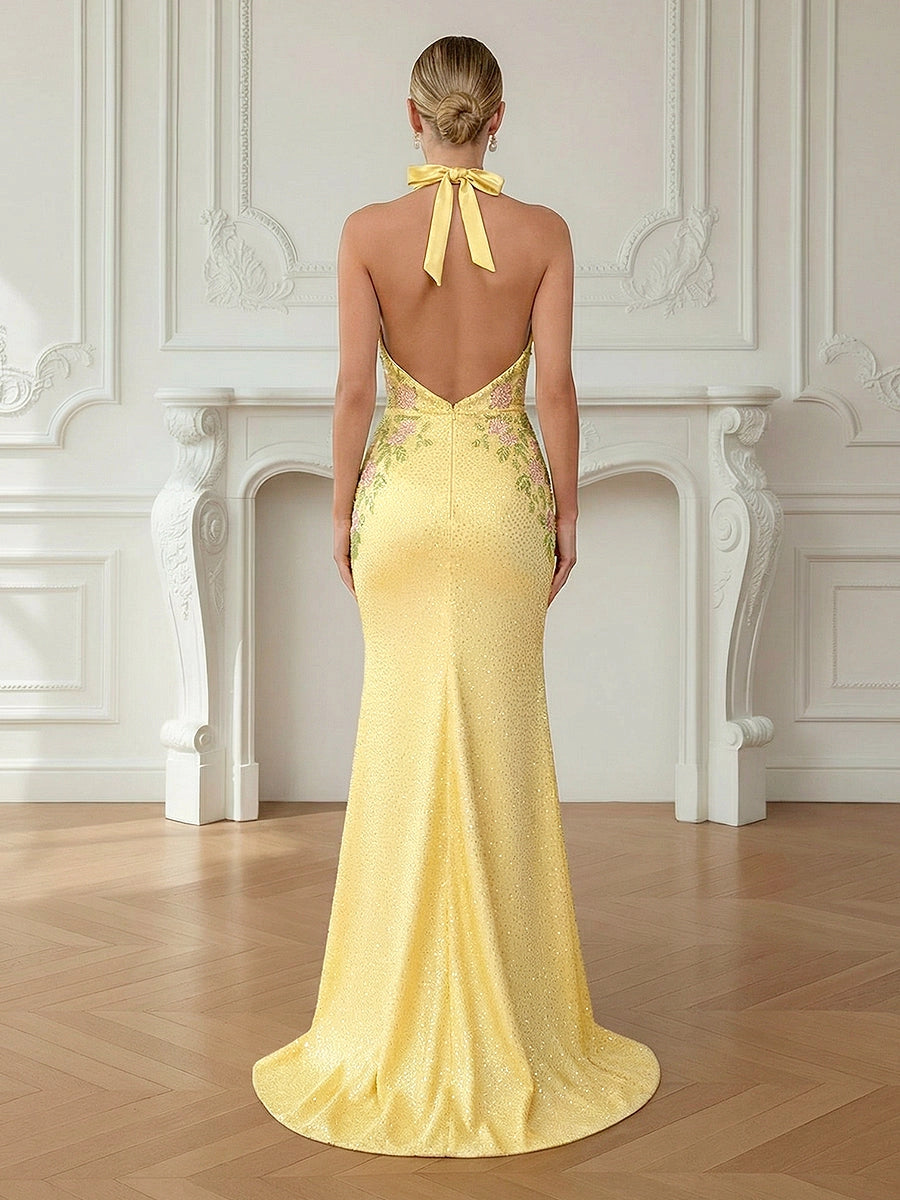 Back view vedress yellow prom gown halter tie open back floral sequin mermaid long train dress
