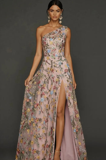 Romantic Floral Embroidered A-Line One Shoulder Sleeveless Backless Long Prom Dress