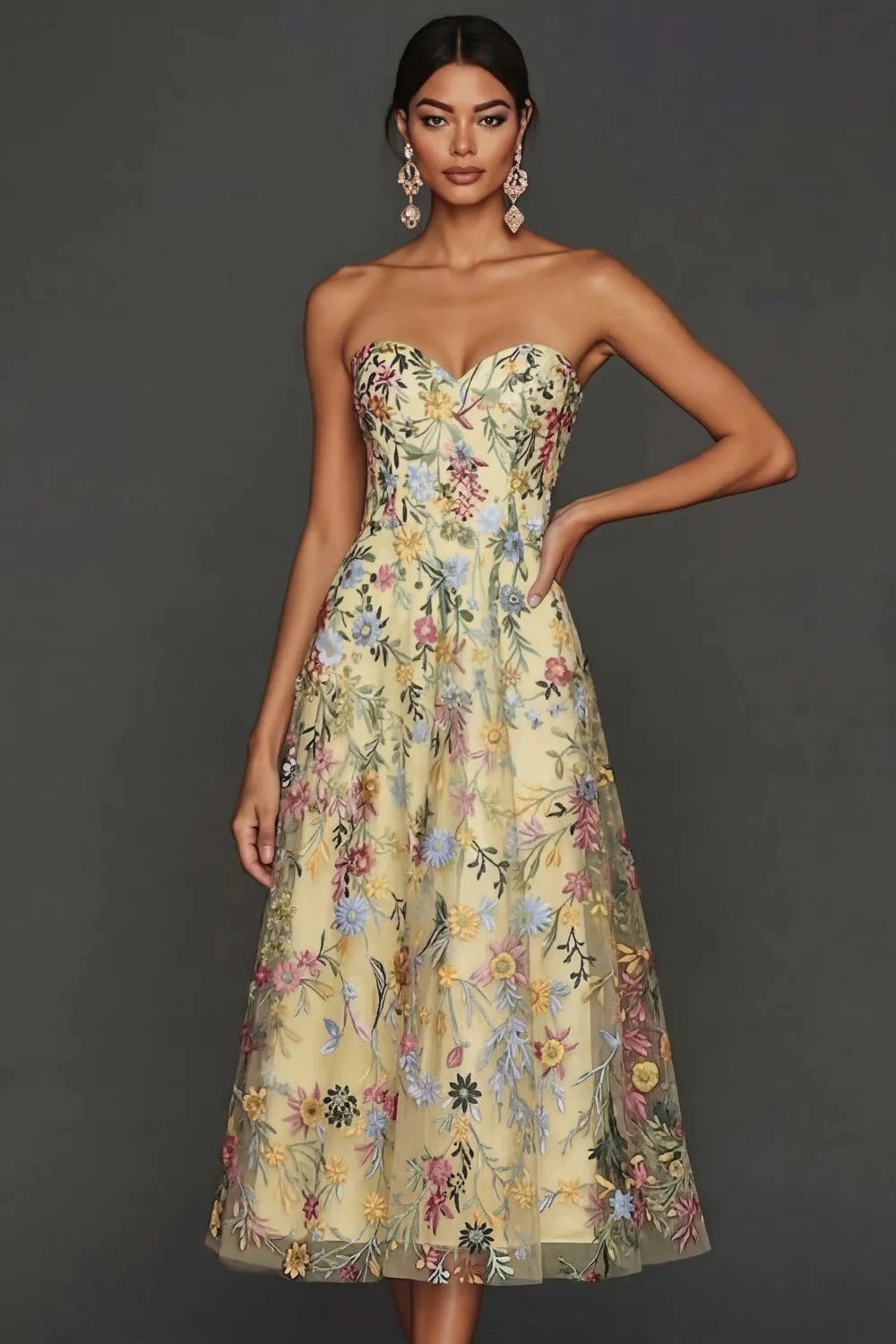 Romantic Floral Embroidered A-Line Sweetheart Strapless Backless Midi Wedding Guest Dress