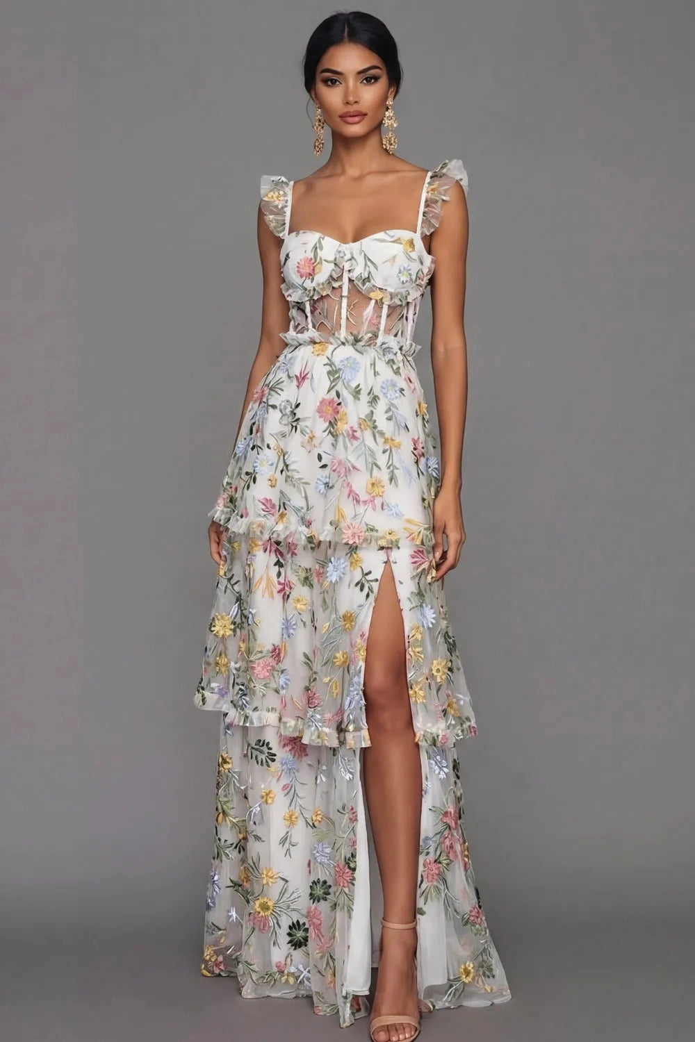 Romantic A Line Sweetheart Ruffle Strap Floral Embroidered Tiered Wedding Guest Dress