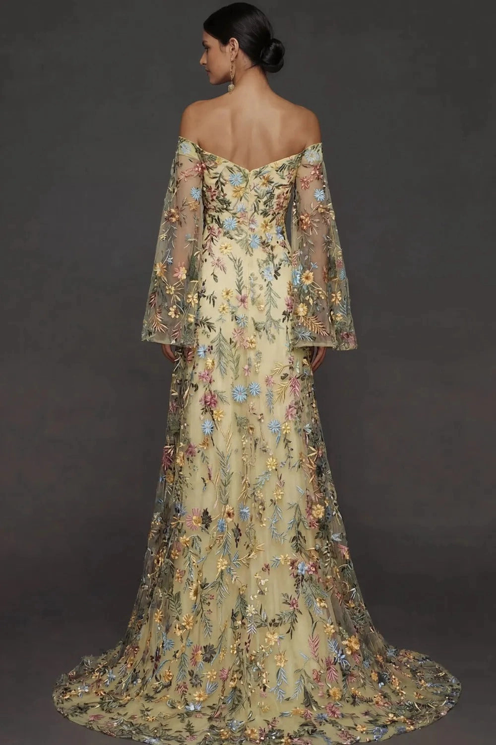 Romantic A Line Sweetheart Off Shoulder Floral Embroidered Bell Sleeve Wedding Guest Dress