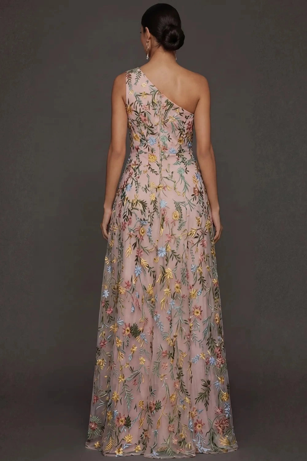 Romantic Floral Embroidered A-Line One Shoulder Sleeveless Backless Long Prom Dress