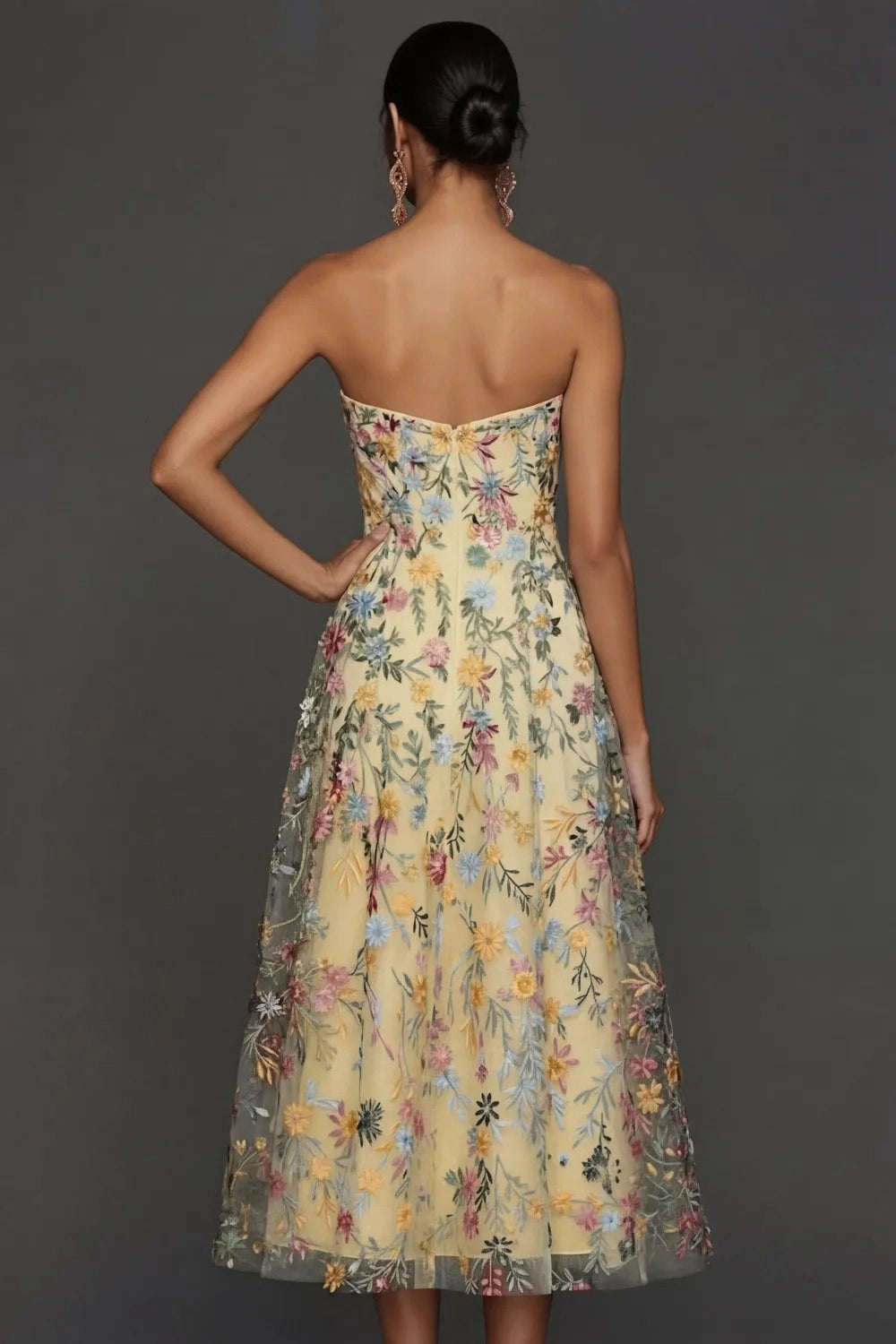 Romantic Floral Embroidered A-Line Sweetheart Strapless Backless Midi Wedding Guest Dress