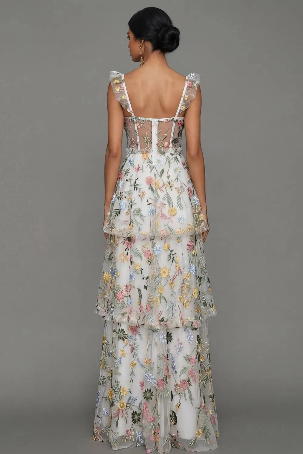 Romantic A Line Sweetheart Ruffle Strap Floral Embroidered Tiered Wedding Guest Dress