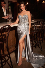 Emerald Strapless Beaded Floral Applique Ruched Satin Mermaid Gown with High Slit & Sweep Train – Perfect for Prom, Wedding Bridesmaid, and Formal Evening Events