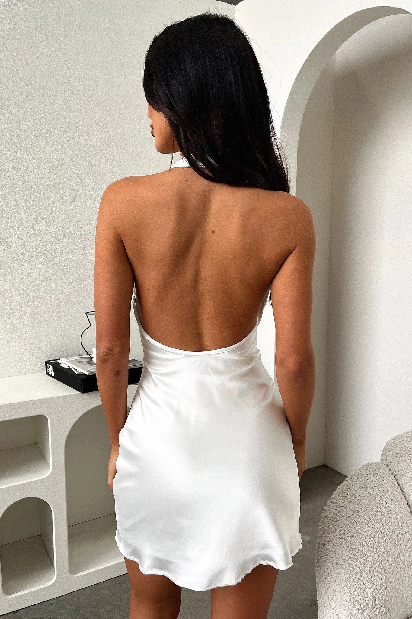 Vedress bodycon mini dress halter deep open back satin wavy hem rear view