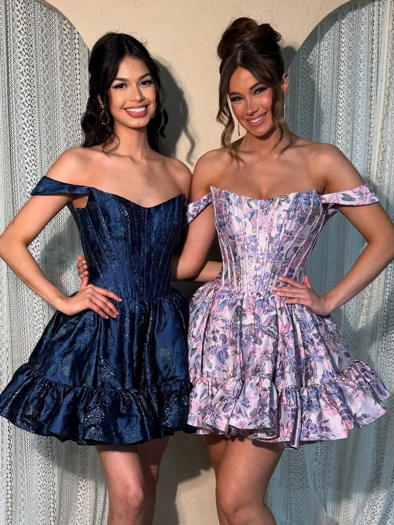 A-Line Sweetheart Neck Off Shoulder Floral Brocade Short Ruffled Homecoming Dress