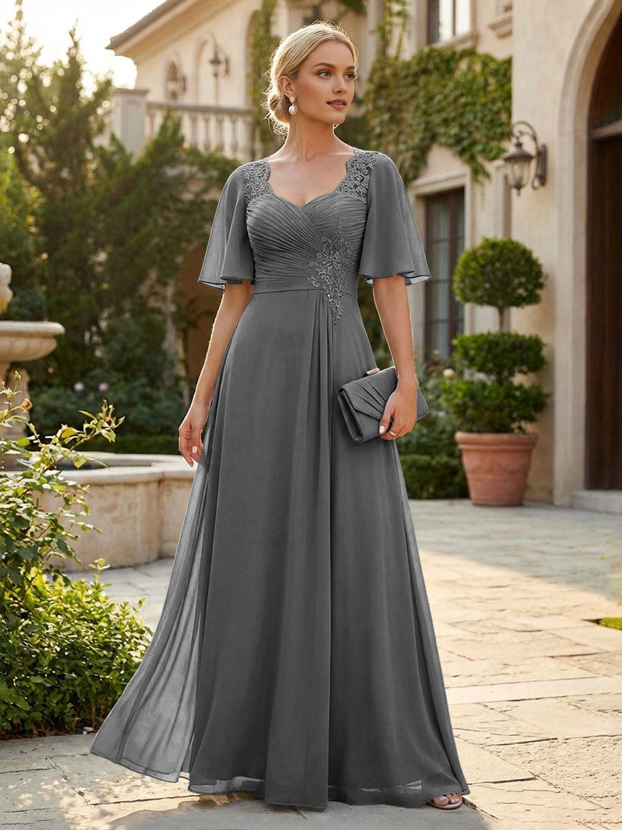 Graceful Dusty Blue A-Line Sweetheart Flutter-Sleeve Sweetheart-Back Floor-Length Mother Of The Bride Dress