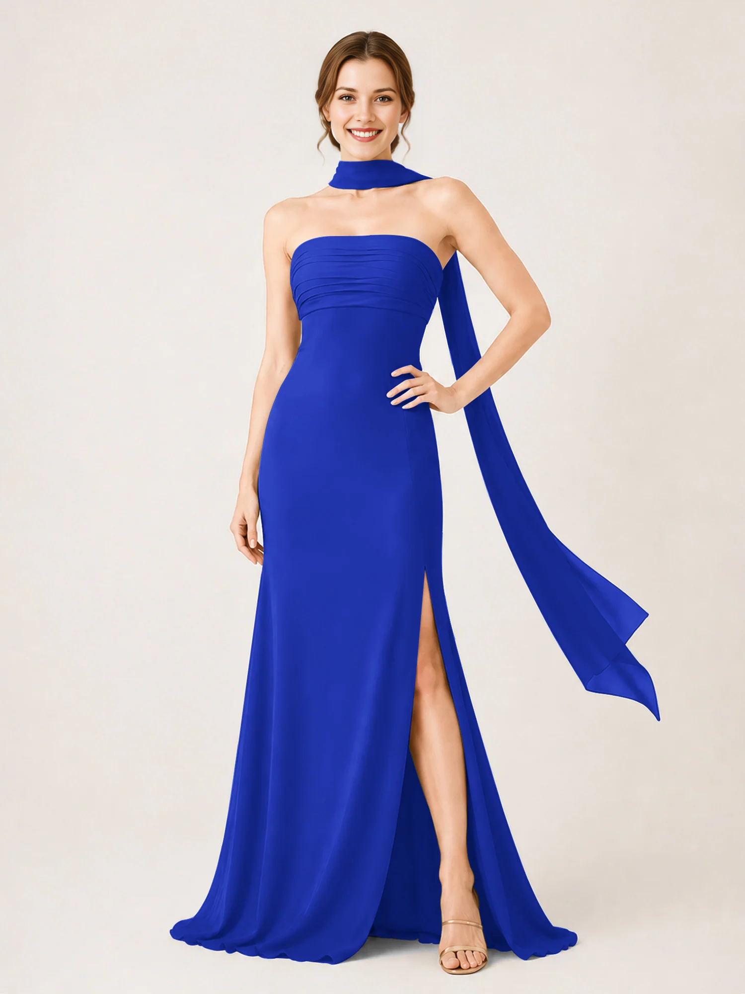 Strapless Ruched Chiffon Mermaid Bridesmaid Dress with Choker Scarf & High Slit