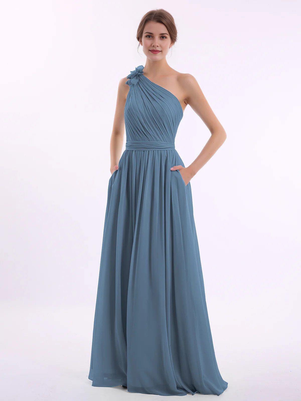 One Shoulder 3D Flower Ruched Chiffon Bridesmaid Maxi Dress with Pockets & Open Back Sash