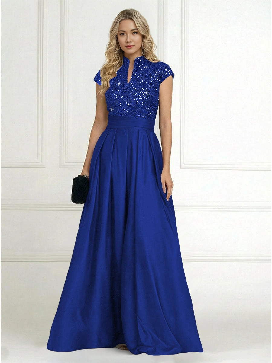 Luxury A-Line High-Neck Cap-Sleeve Zip-Back Floor-Length Plus Size Mother of the Bride Dress