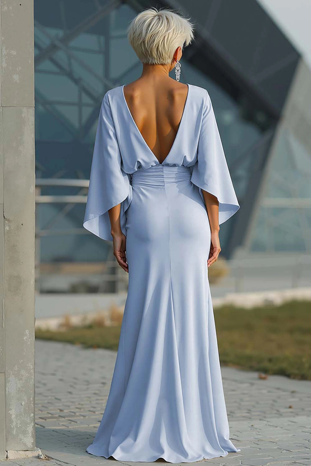 Satin Mermaid Boat Neck Dolman Deep V Back Maxi Wedding Guest Dress