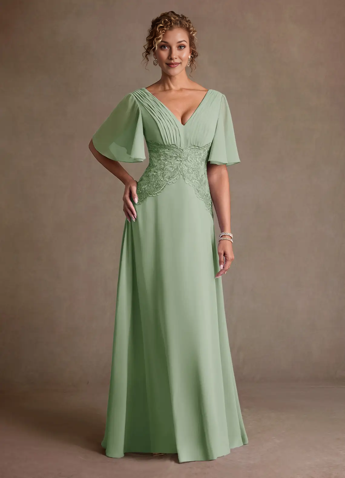 V-Neck Flutter Sleeve Lace Waist Chiffon A-Line Floor-Length Mother of the Bride Dress