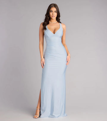 Pale Yellow Mermaid Halter Deep V Wrap Tie Back Long Prom Dress 