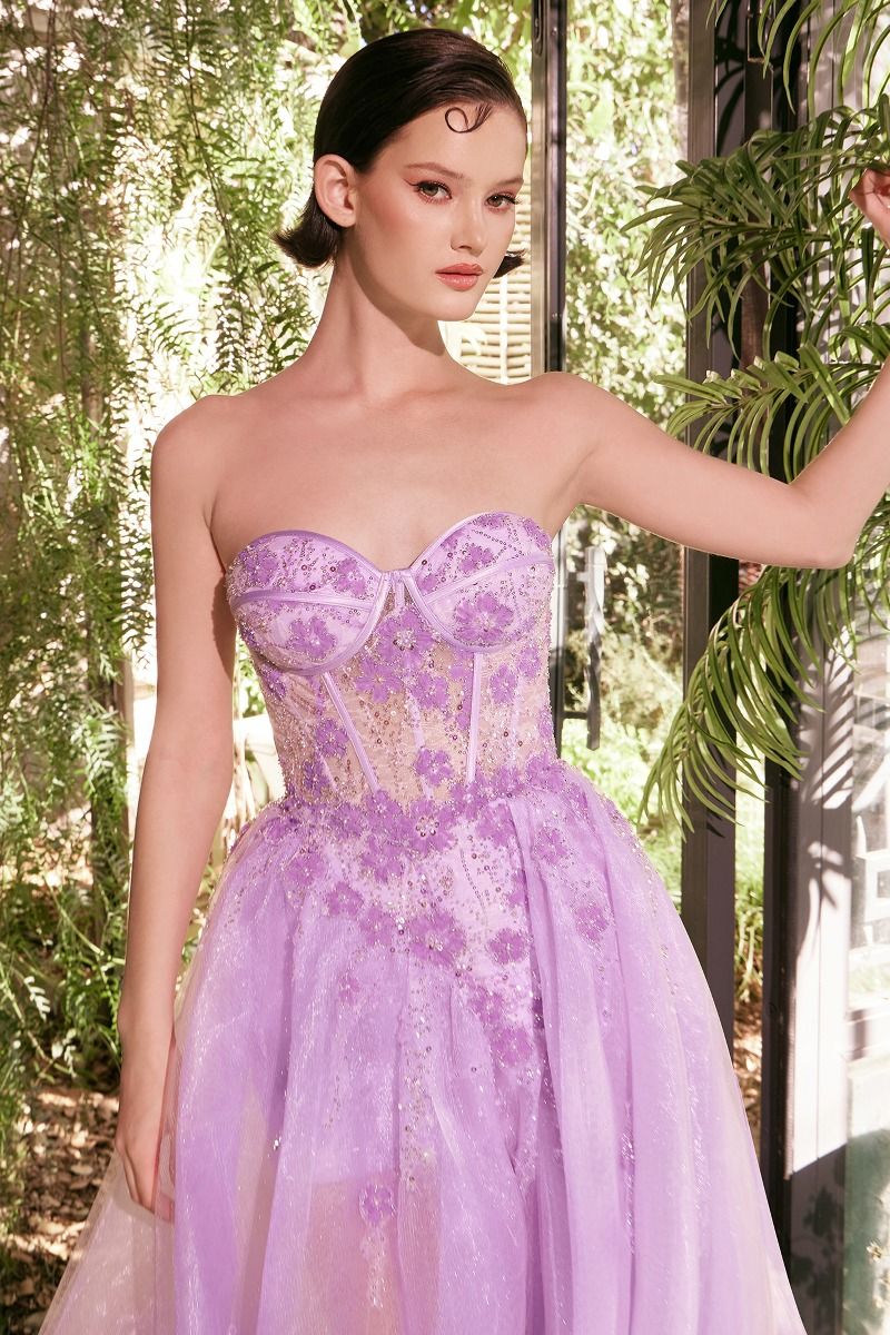 Pale Yellow Strapless Sequin Tulle Gown with High Slit - Romantic Formal Evening Dress