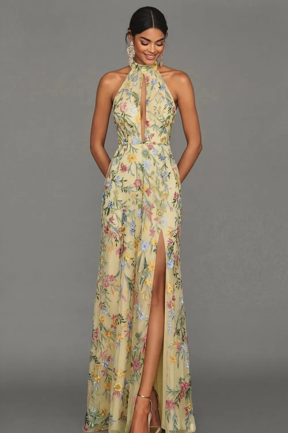 Romantic Floral Embroidered A-Line Halter Sleeveless Backless Long Wedding Guest Dress