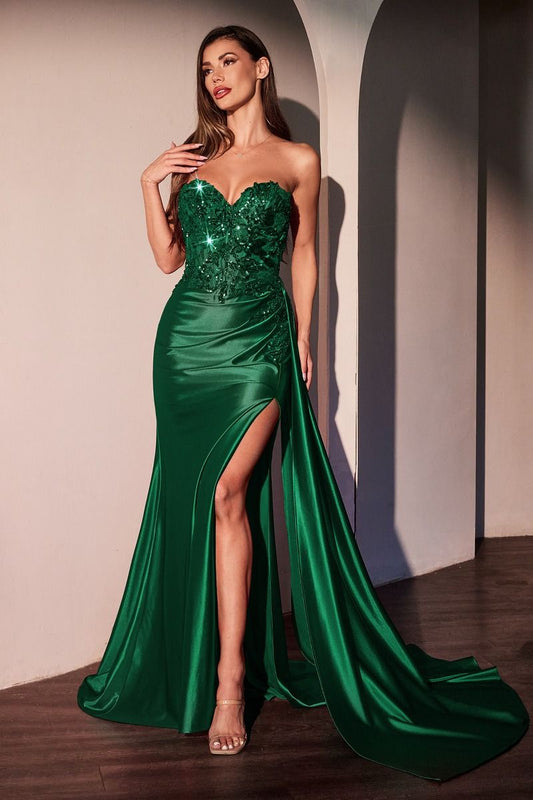 Emerald Strapless Beaded Floral Applique Ruched Satin Mermaid Gown with High Slit & Sweep Train – Perfect for Prom, Wedding Bridesmaid, and Formal Evening Events