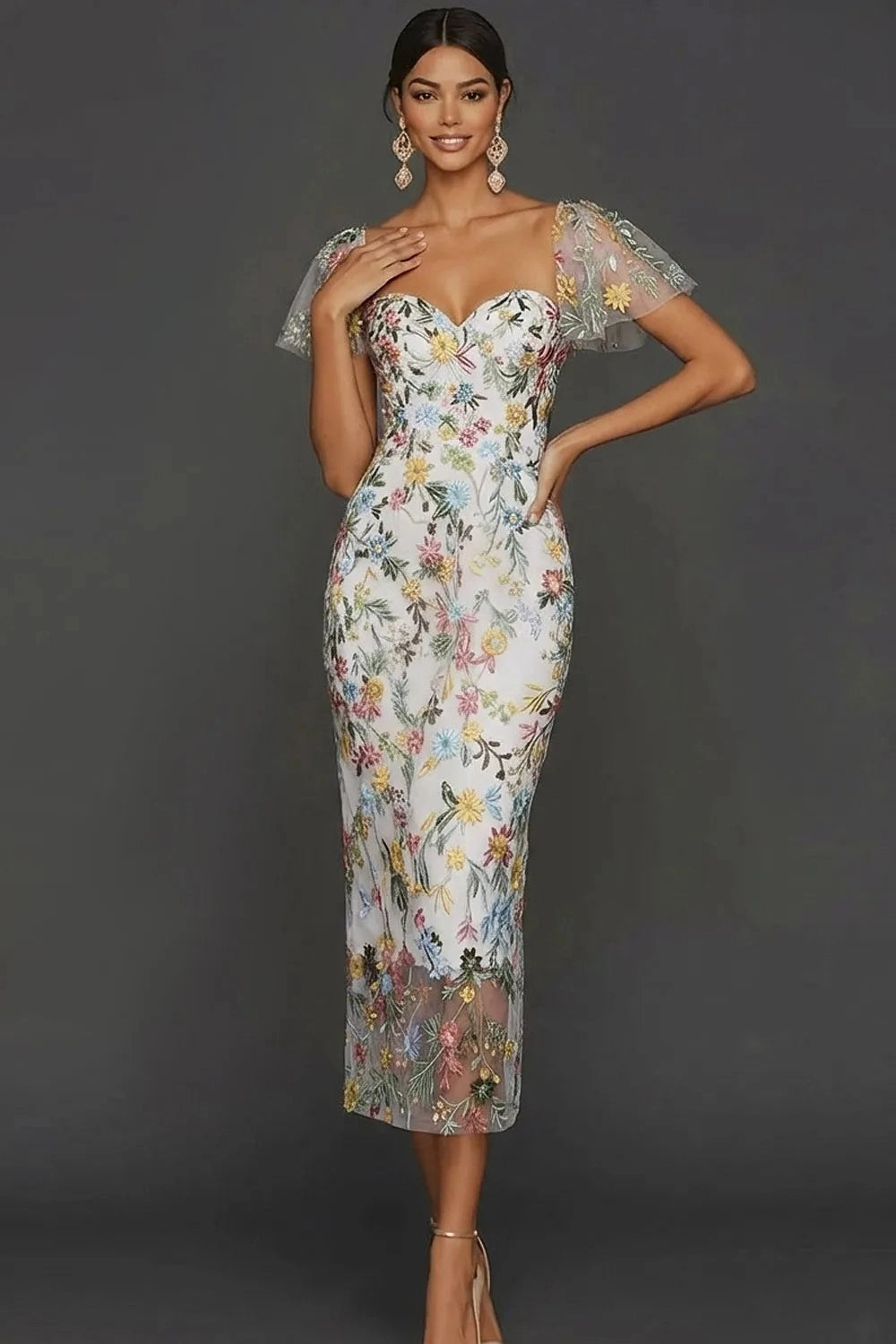Elegant Floral Embroidered Sheath Sweetheart Flutter Sleeve Midi Wedding Guest Dress
