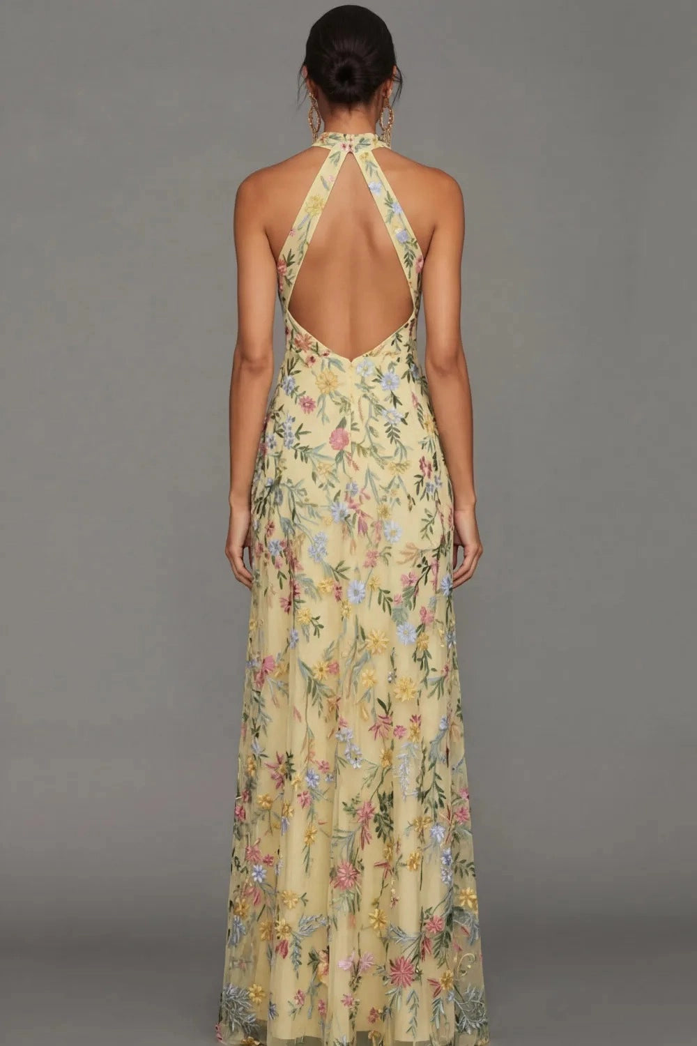 Romantic Floral Embroidered A-Line Halter Sleeveless Backless Long Wedding Guest Dress