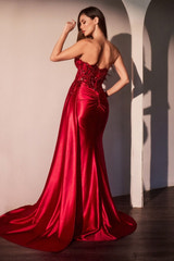 Emerald Strapless Beaded Floral Applique Ruched Satin Mermaid Gown with High Slit & Sweep Train – Perfect for Prom, Wedding Bridesmaid, and Formal Evening Events