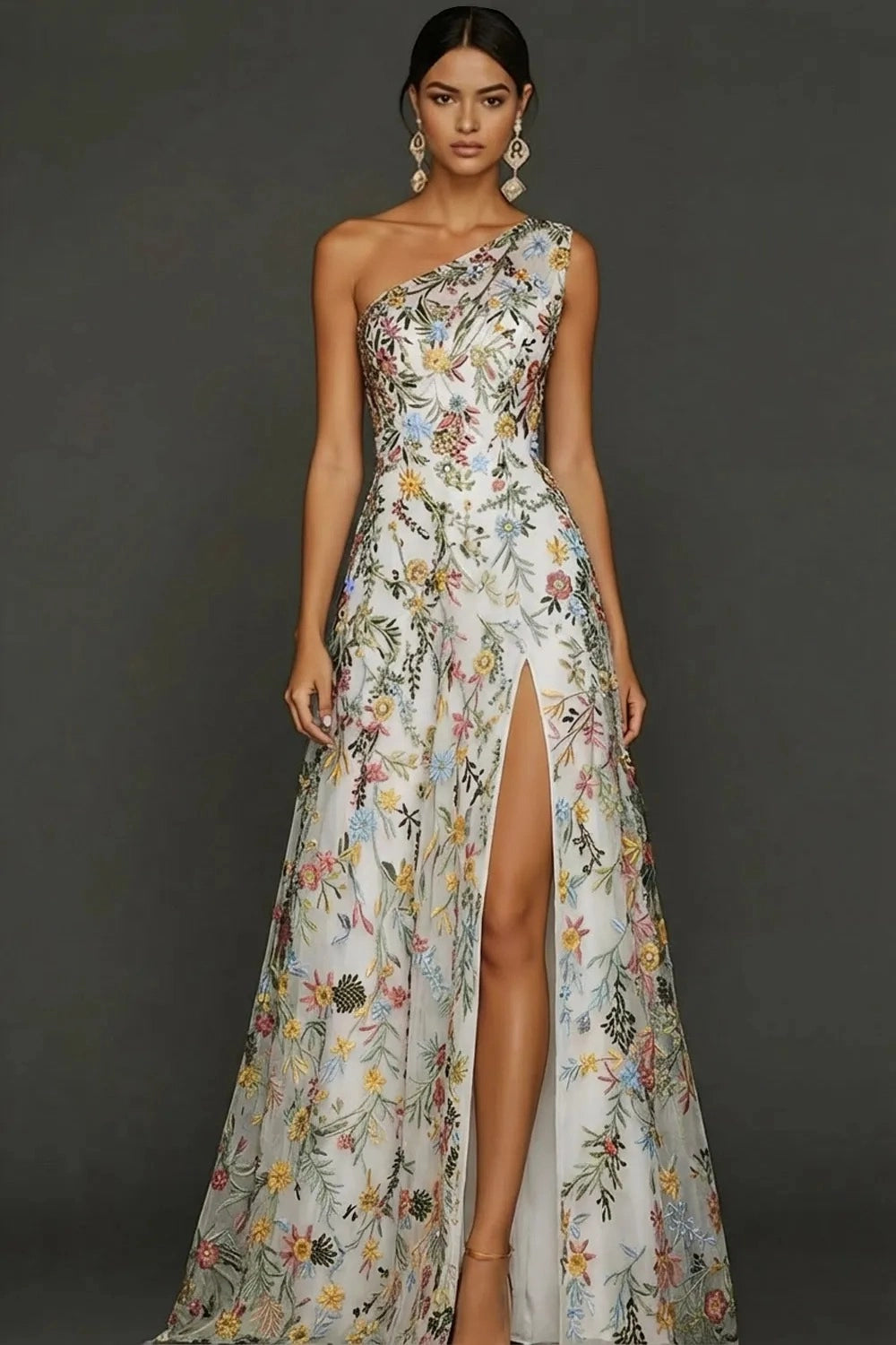 Romantic Floral Embroidered A-Line One Shoulder Sleeveless Backless Long Prom Dress