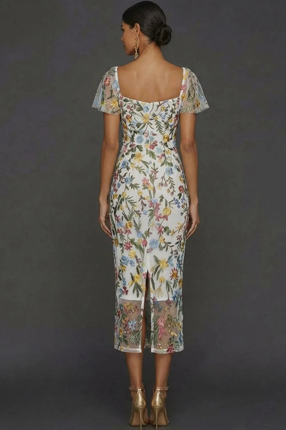 Elegant Floral Embroidered Sheath Sweetheart Flutter Sleeve Midi Wedding Guest Dress