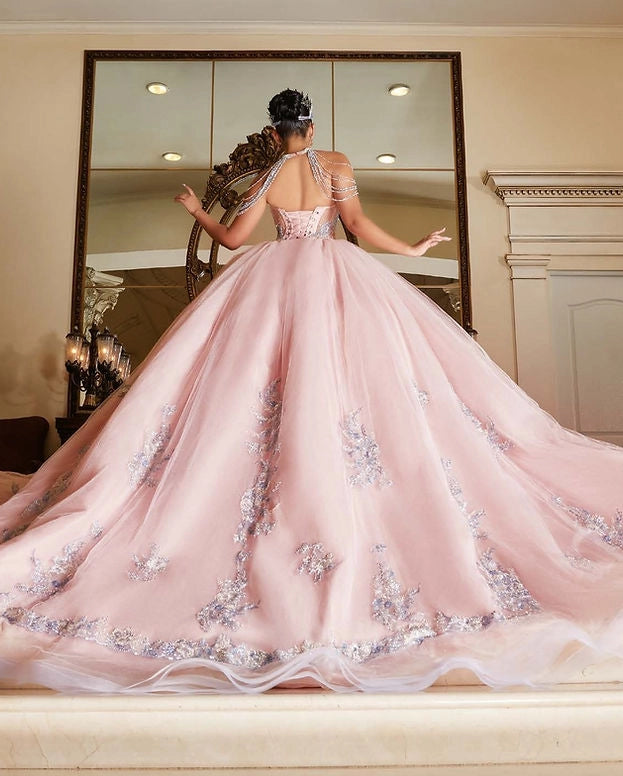 Ball Gown Beaded Strap Corset Back Big Bow Quinceañera Dress