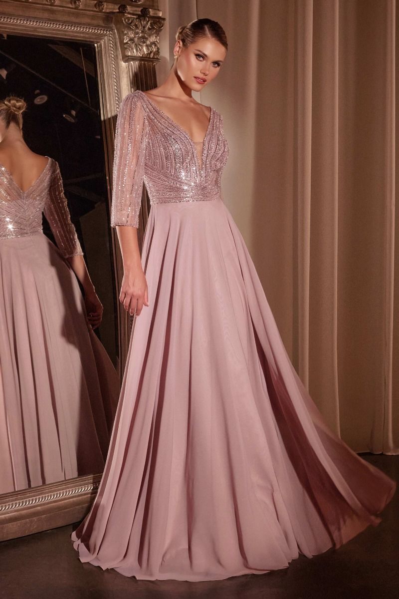 V-Neck Beaded Bodice 3/4 Sheer Sequin Sleeve Chiffon A-Line Maxi Gown – Elegant Formal Evening Prom Dress for Wedding Bridesmaid and Special Occasions