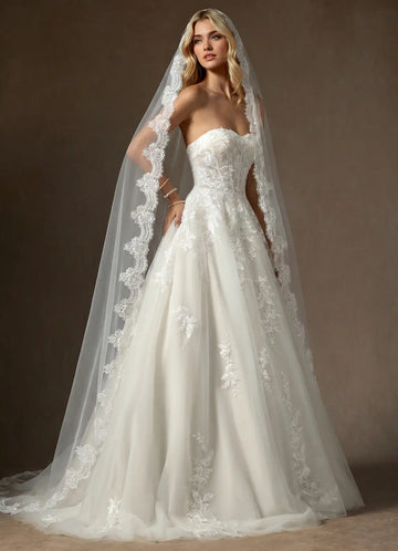 Romantic Sheer Tulle Floral Lace Cathedral Mantilla Bridal Wedding Veil