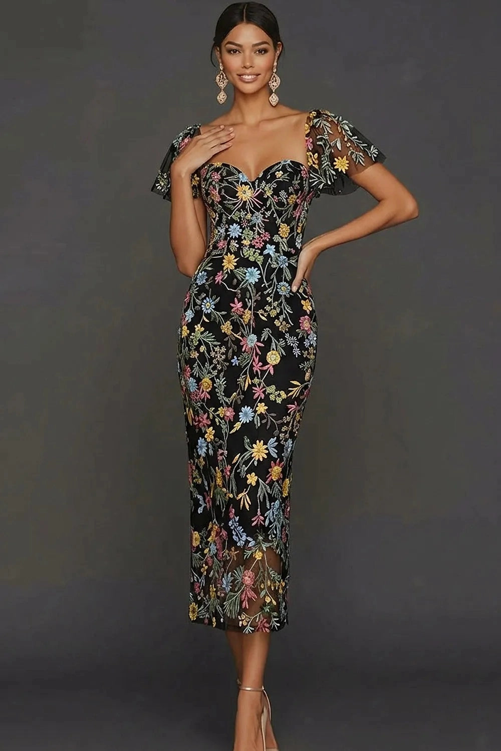 Elegant Floral Embroidered Sheath Sweetheart Flutter Sleeve Midi Wedding Guest Dress