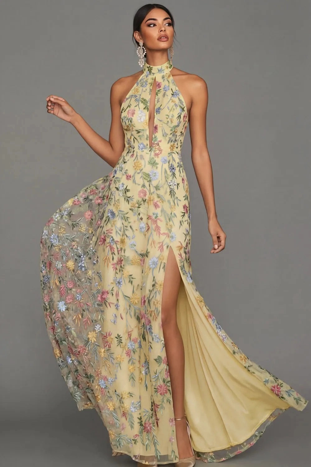 Romantic Floral Embroidered A-Line Halter Sleeveless Backless Long Wedding Guest Dress