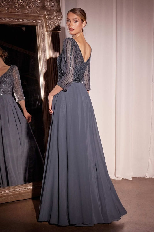 V-Neck Beaded Bodice 3/4 Sheer Sequin Sleeve Chiffon A-Line Maxi Gown – Elegant Formal Evening Prom Dress for Wedding Bridesmaid and Special Occasions