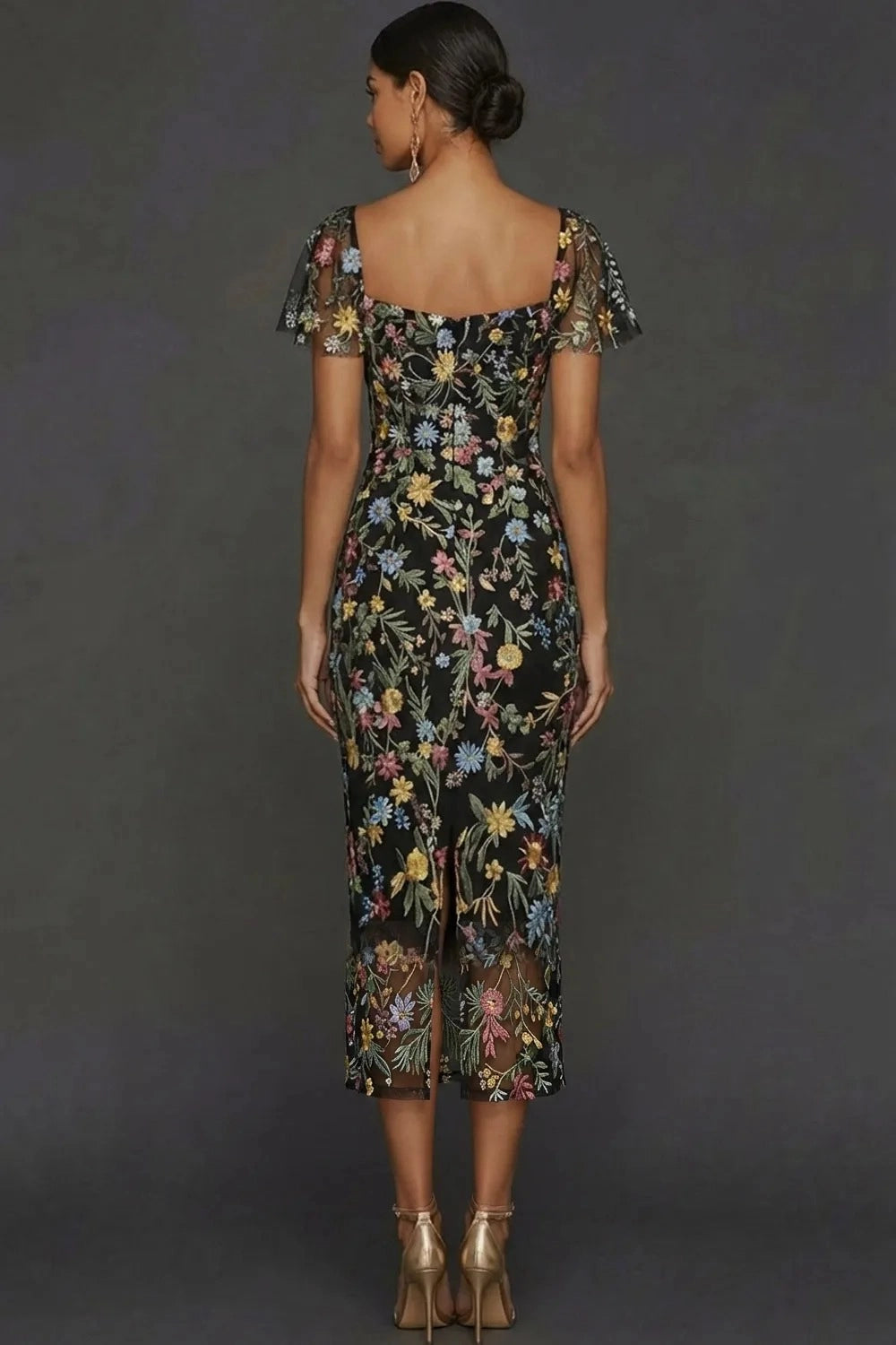 Elegant Floral Embroidered Sheath Sweetheart Flutter Sleeve Midi Wedding Guest Dress