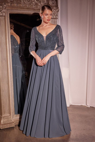 Vestido maxi de chifón con cuello en V, corpiño de cuentas y manga 3/4 transparente con lentejuelas – Elegante vestido formal de noche para bailes de graduación, bodas, damas de honor y ocasiones especiales