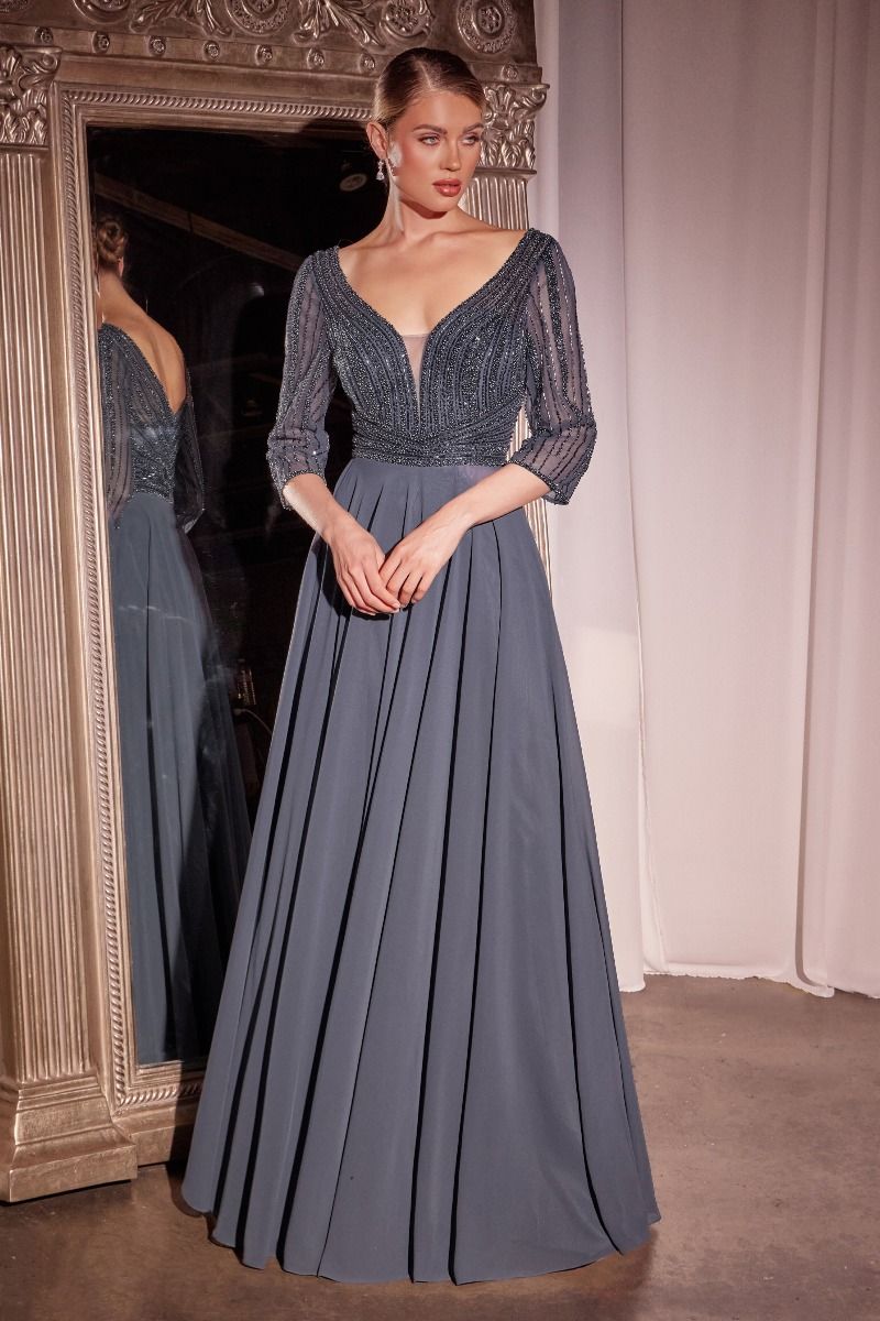 V-Neck Beaded Bodice 3/4 Sheer Sequin Sleeve Chiffon A-Line Maxi Gown – Elegant Formal Evening Prom Dress for Wedding Bridesmaid and Special Occasions