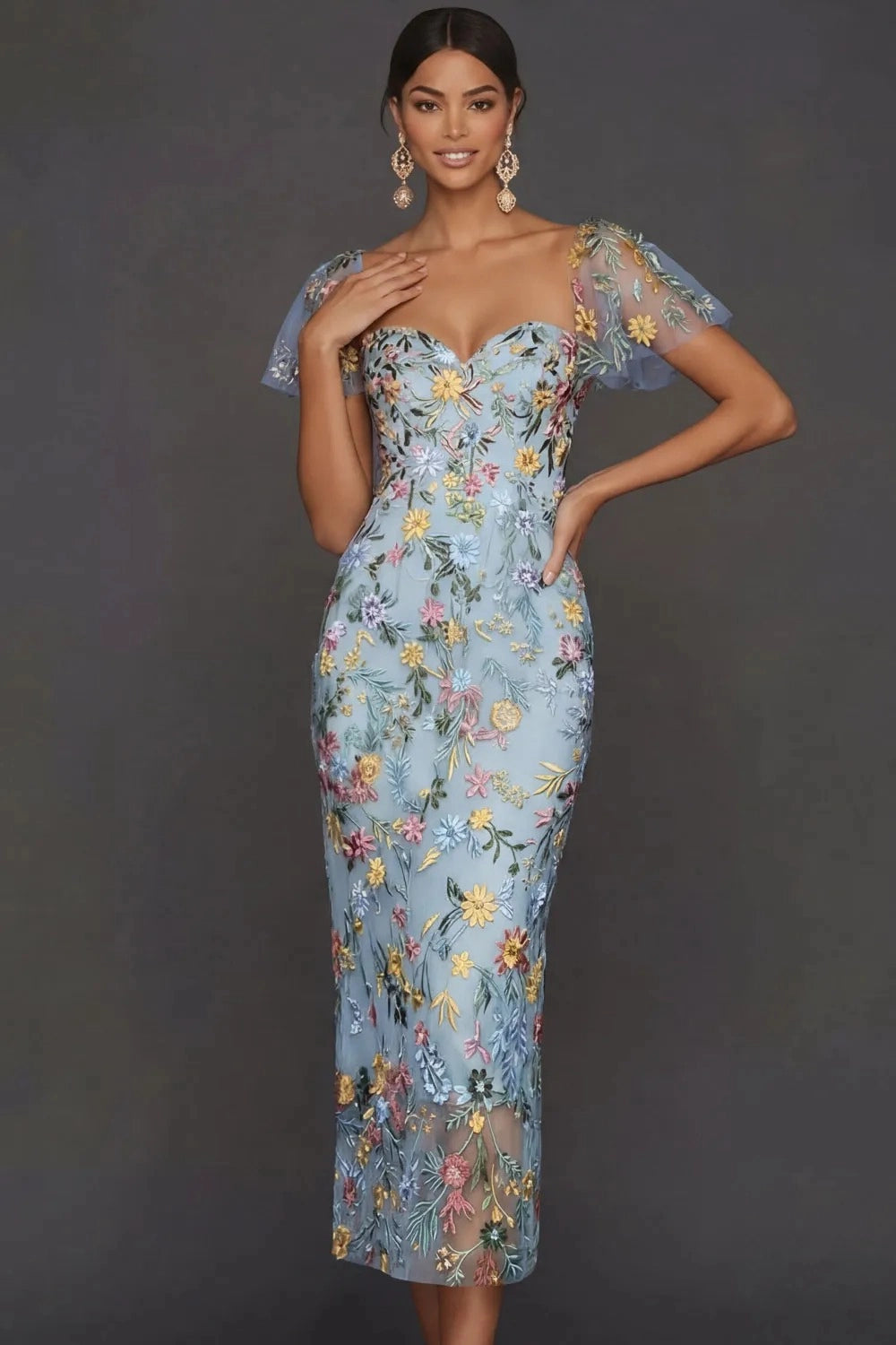 Elegant Floral Embroidered Sheath Sweetheart Flutter Sleeve Midi Wedding Guest Dress