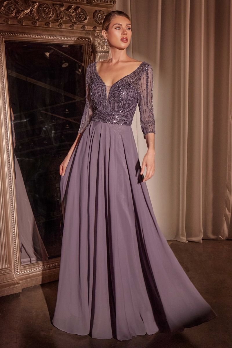 V-Neck Beaded Bodice 3/4 Sheer Sequin Sleeve Chiffon A-Line Maxi Gown – Elegant Formal Evening Prom Dress for Wedding Bridesmaid and Special Occasions