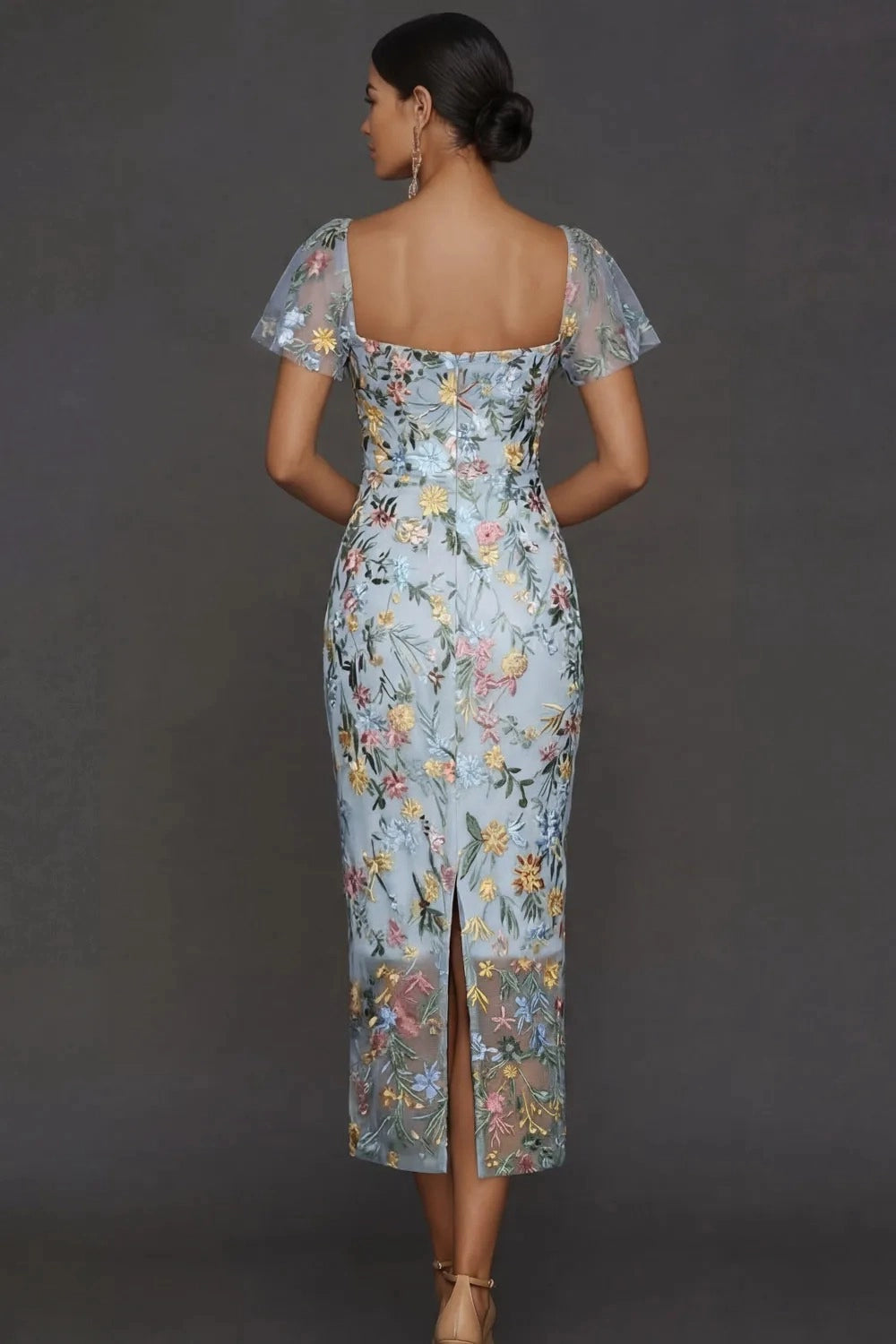 Elegant Floral Embroidered Sheath Sweetheart Flutter Sleeve Midi Wedding Guest Dress