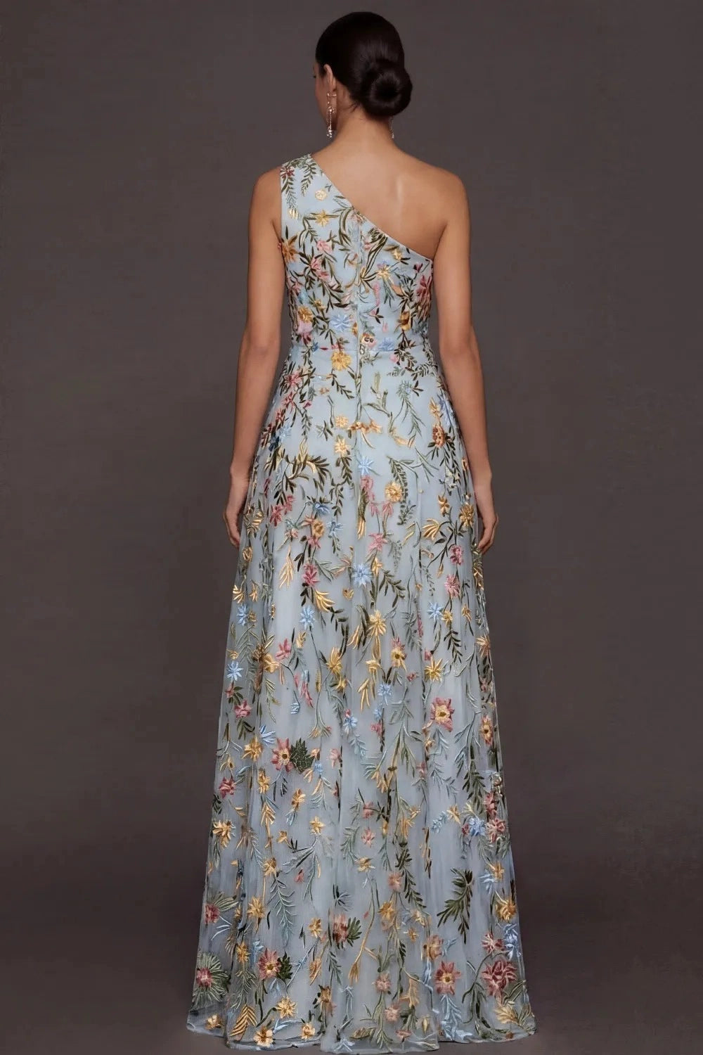 Romantic Floral Embroidered A-Line One Shoulder Sleeveless Backless Long Prom Dress